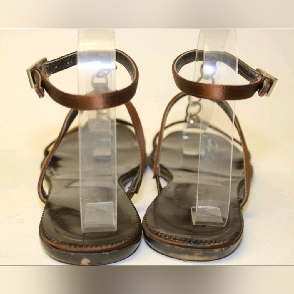 Gucci Sandals 7.5 Italy Made Brown Satin Chain Ankle Strap Shoes - Picture 8 of 14